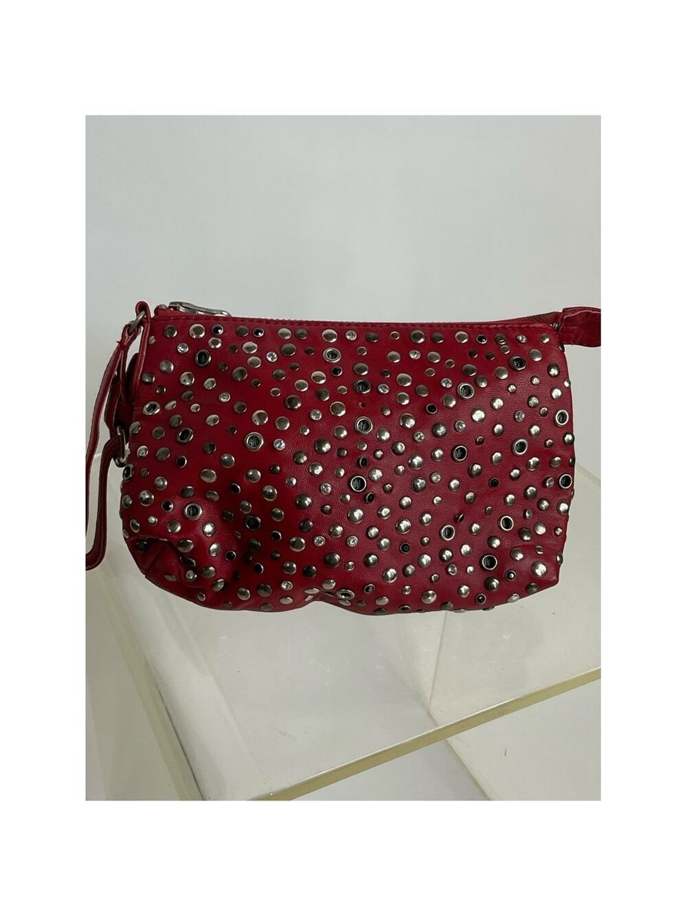 Red Studded Wristlet Clutch with Silver Eyelet Detail